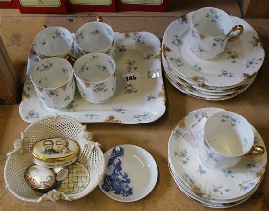 Belleek 2nd period basket, Limoges coffee set and 2 Bilston boxes